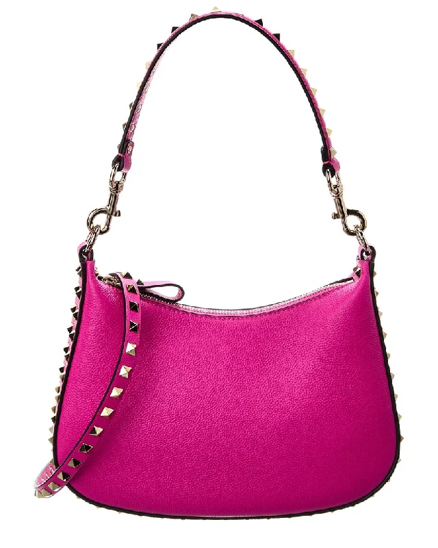 Ladies shoulder bag with flap closure-Valentino Rockstud Small Grainy Leather Hobo Bag