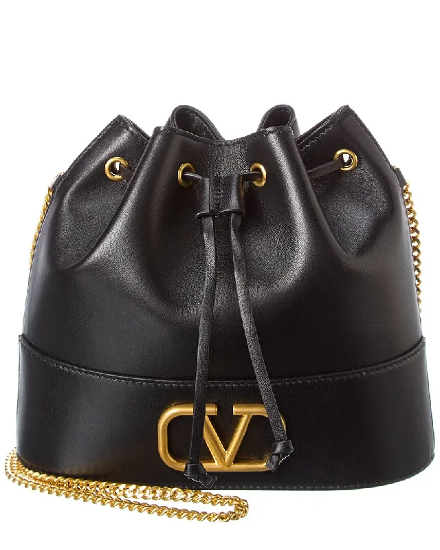 Ladies shoulder bag for cyclists-Valentino VLogo Leather Bucket Bag