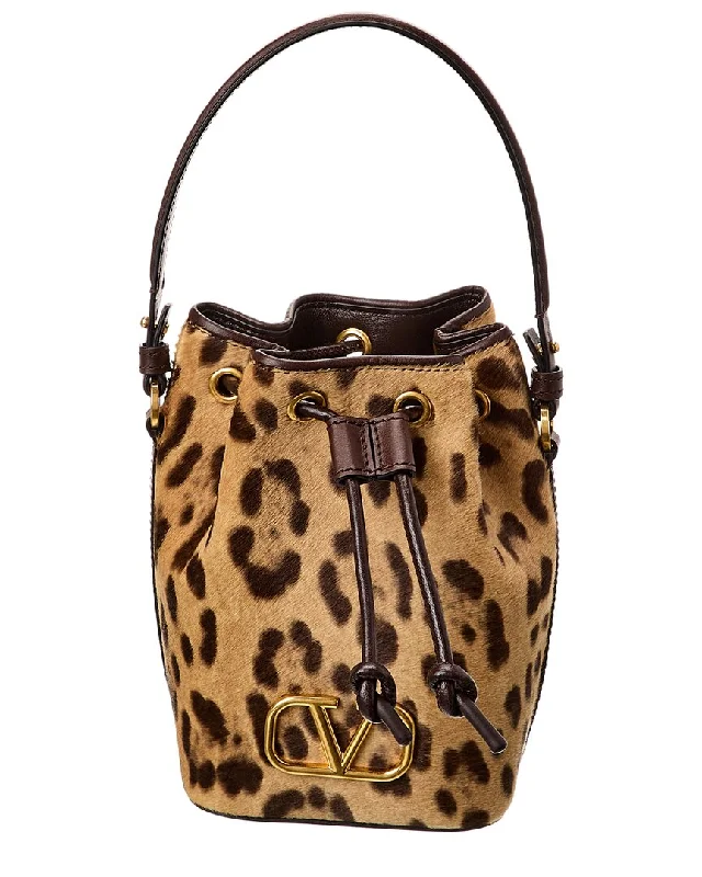 Ladies shoulder bag with crescent shape-Valentino VLogo Signature Mini Haircalf & Leather Bucket Bag