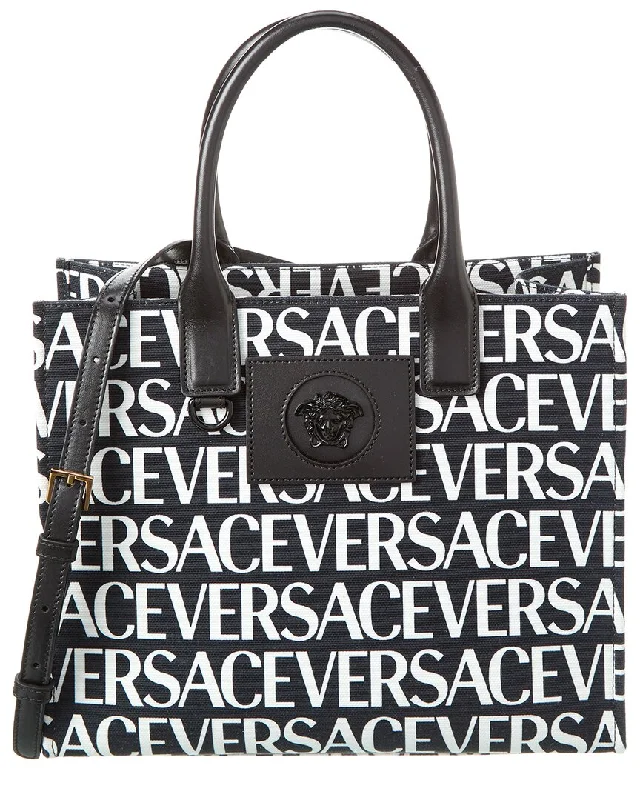 Ladies tote bag oversized-Versace Logo Canvas & Leather Tote