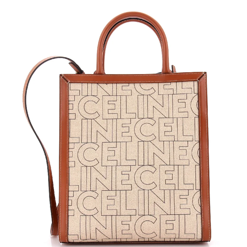 Ladies tote bag neutral tones-Vertical Cabas Tote Printed Canvas and Leather Small