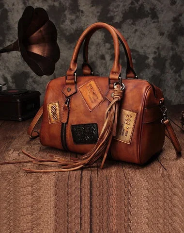 ladies handbags durable suede-Vintage Women Brown Leather Boston Handbags Leather Boston Shoulder Bags Purses with Tassels