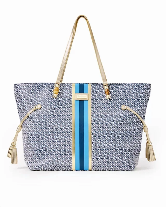 Ladies shoulder bag in taupe-Women's Mizner Tote: Lillys Lemons Striped Engineered Tote In Blue/gold