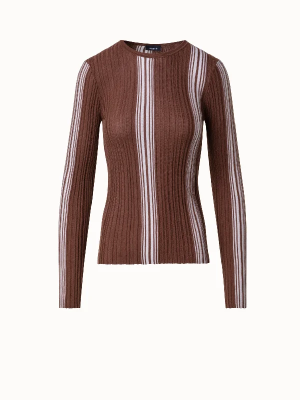 ladies handbags baroque design-Wool Silk Ribbed Sweater with Irregular Stripes